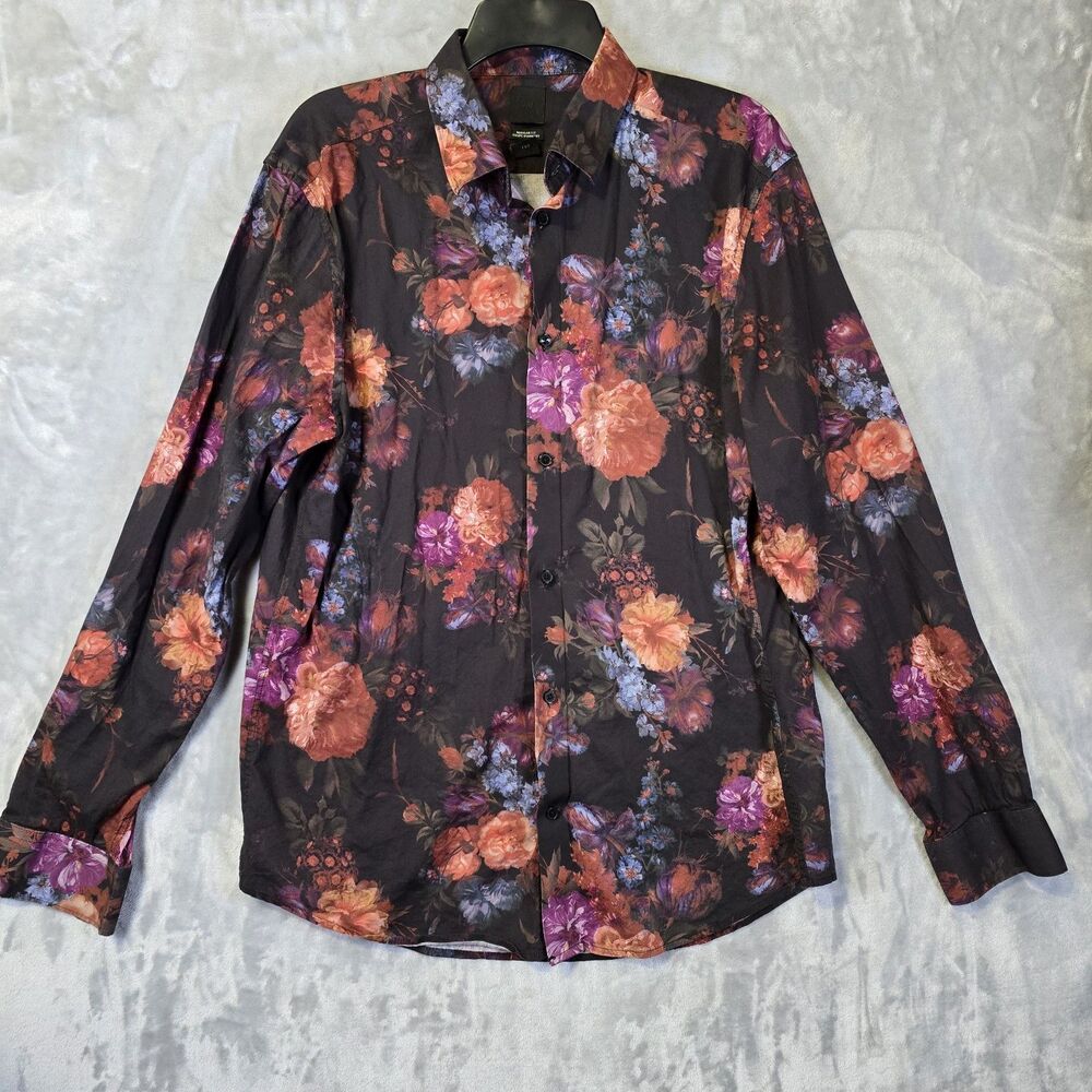H&M Regular Fit Button Down Dress Shirt Large 16.5 Multicolor Floral Pattern